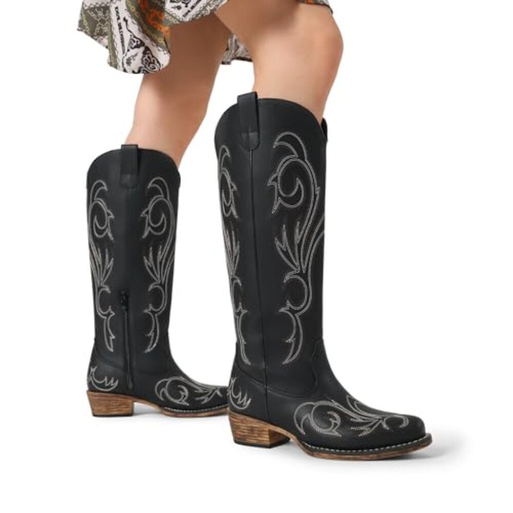 Women's Knee High Western Boots with Embroidery 1.6-Inch Heel - Picture 3 of 8